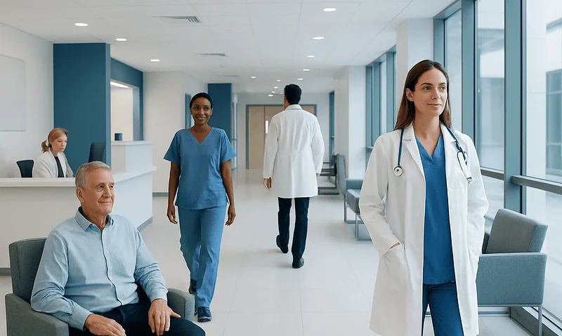 Healthcare professionals and a patient in a modern hospital corridor.