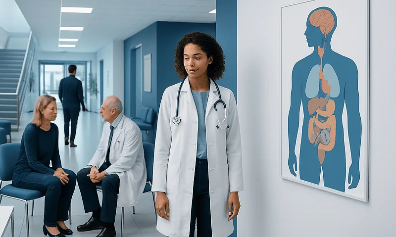 Medical professional in hospital corridor with digestive system diagram.