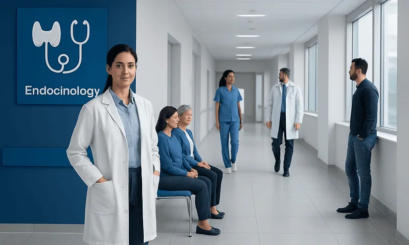 Endocrinology clinic with medical staff and patients at Acibadem Hospitals Group.