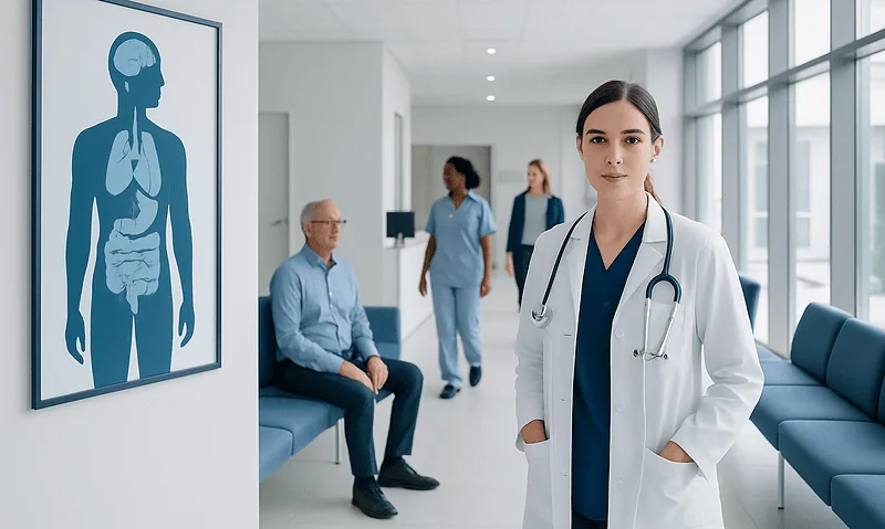 Medical professional in a hospital corridor with patients and a body diagram.