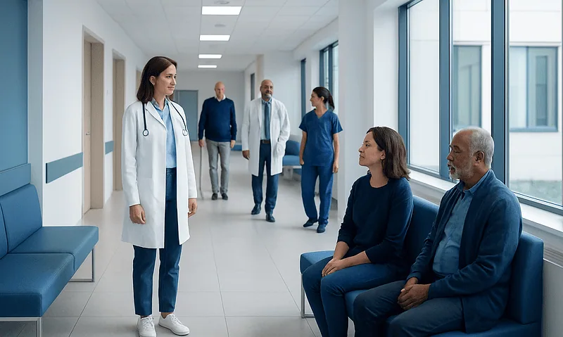 Medical team consulting in hospital corridor with patients and staff.