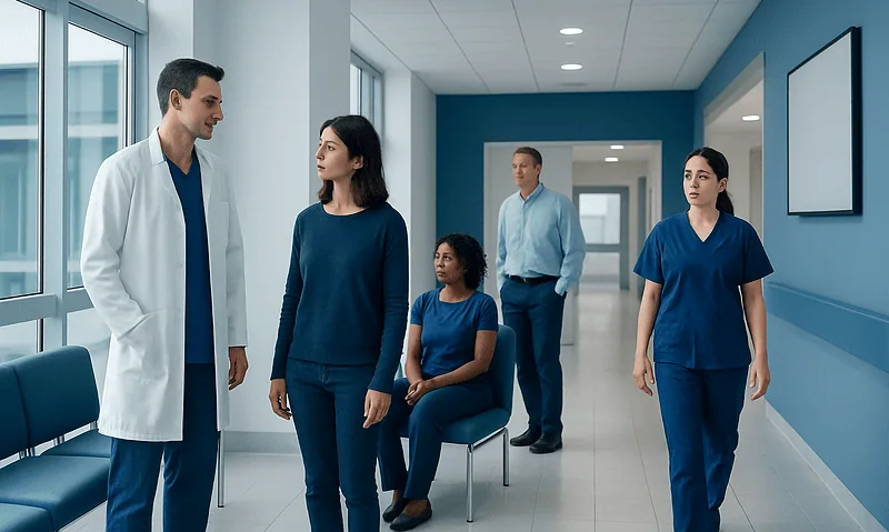 Medical team discussing patient care in hospital corridor.