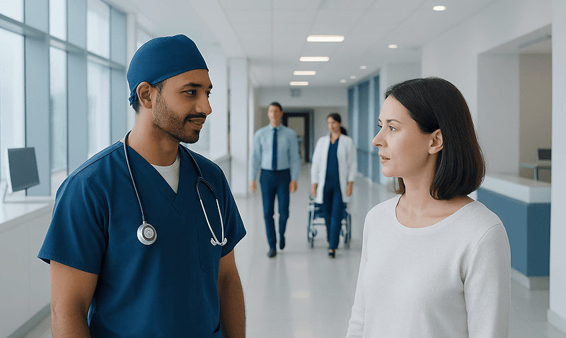 Healthcare professional and patient in hospital corridor.