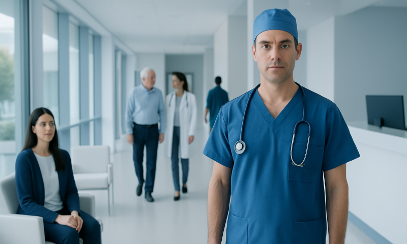Medical professional in blue scrubs and cap in hospital corridor.