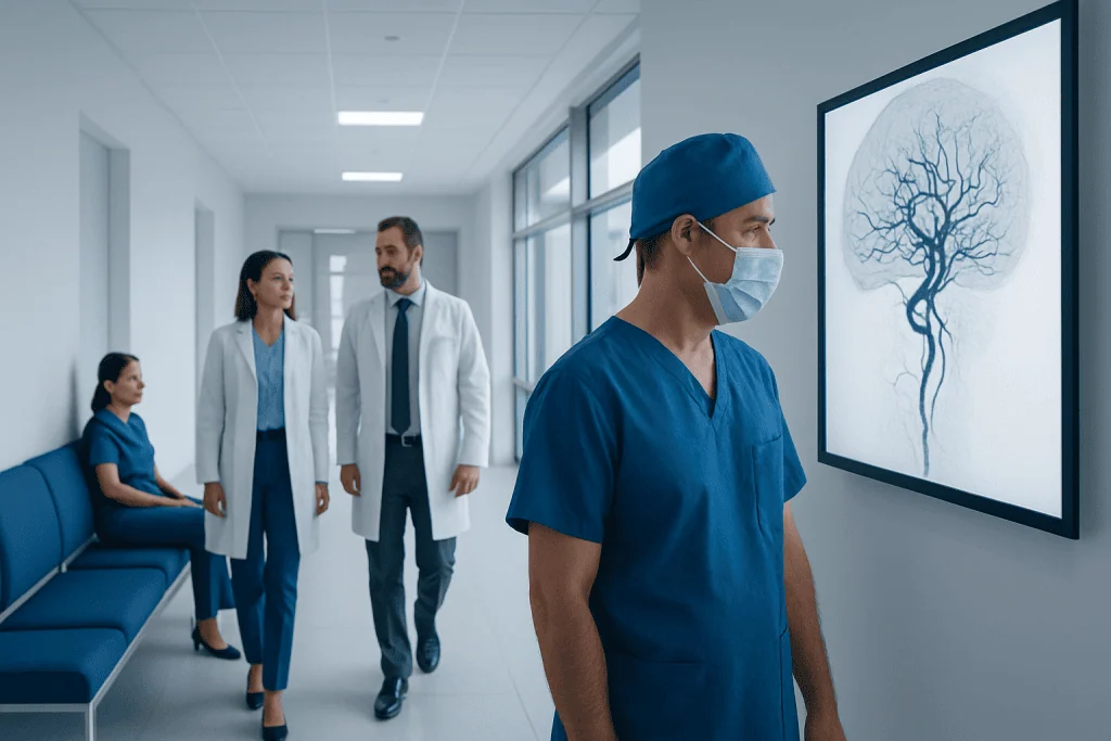 Endovascular Neurosurgery Explained: What Patients Should Expect 1 Endovascular neurosurgery team reviewing brain imaging in hospital corridor.