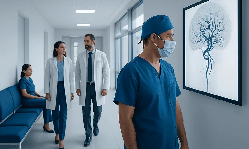 Endovascular neurosurgery team reviewing brain imaging in hospital corridor.