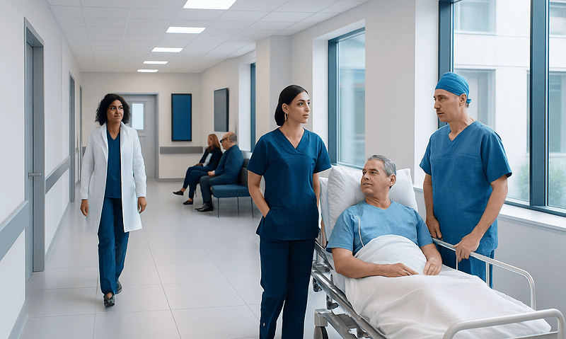 Medical team attending to a patient in a hospital corridor.