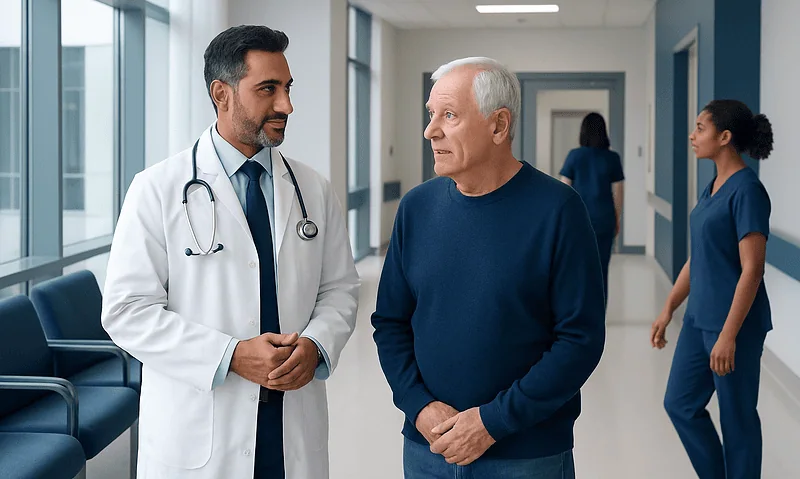 What Is the Best Treatment for Enlarged Prostate? Comparing Options 6 Urologist consulting with an elderly male patient in hospital corridor.