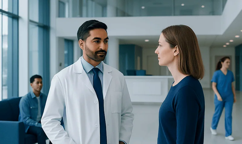 ENT specialist consulting patient in modern hospital lobby.