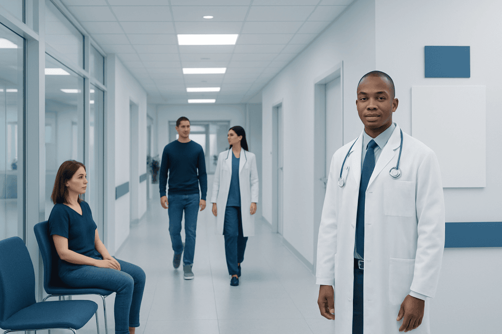 ENT Meaning: What Ear, Nose, and Throat Specialists Treat 1 Medical team in hospital corridor with doctor and patients.