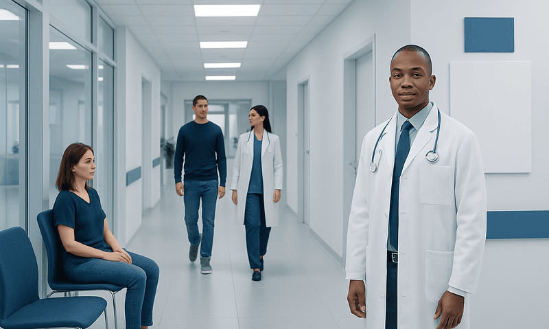 Medical team in hospital corridor with doctor and patients.