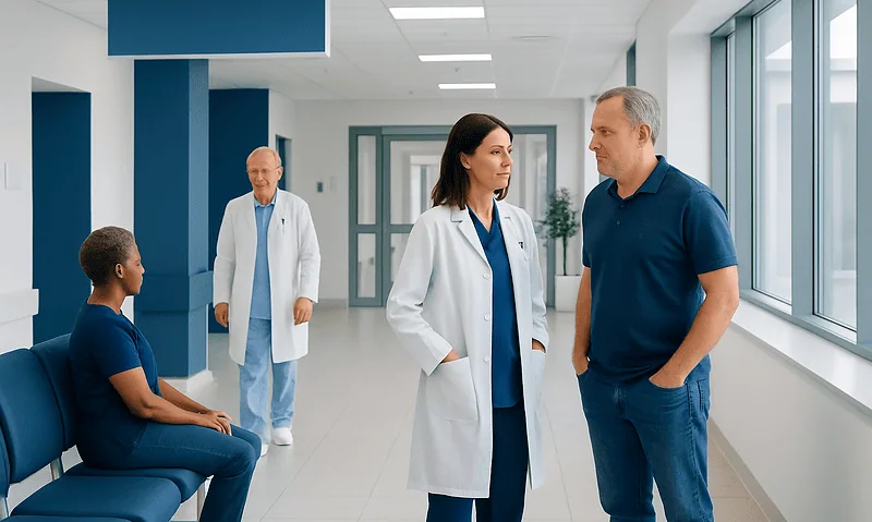 Medical consultation in a modern hospital corridor with doctors and patient.