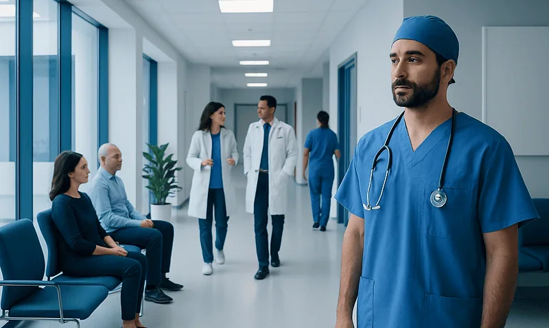 Medical team and patients in a hospital corridor, healthcare professionals in scrubs and patients in.