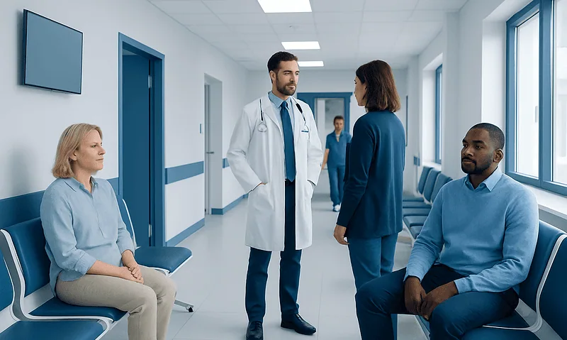 ESS vs FESS: Which Sinus Surgery Is Right for You? 22 Medical consultation in hospital corridor with doctor and patients.