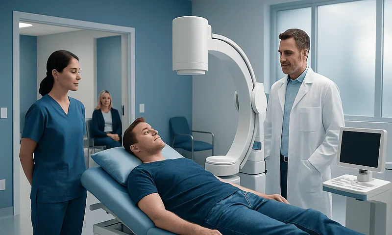 Patient undergoing extracorporeal shock wave lithotripsy (ESWL) for kidney stones.