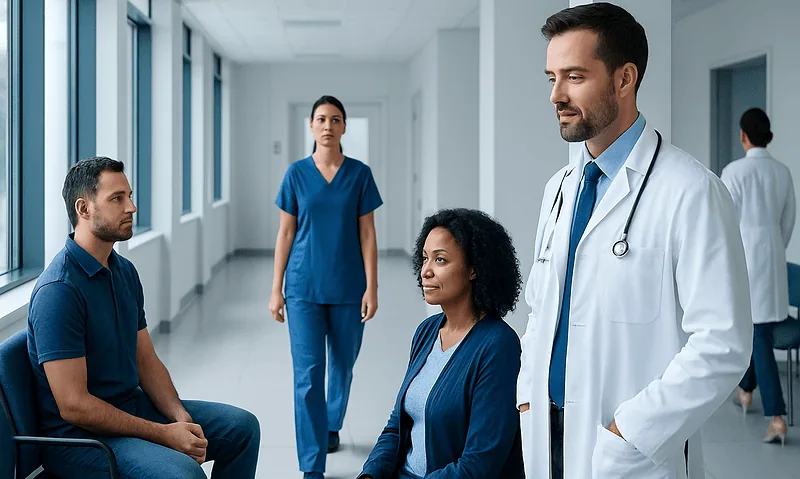 Doctor consulting with patients in a hospital corridor.