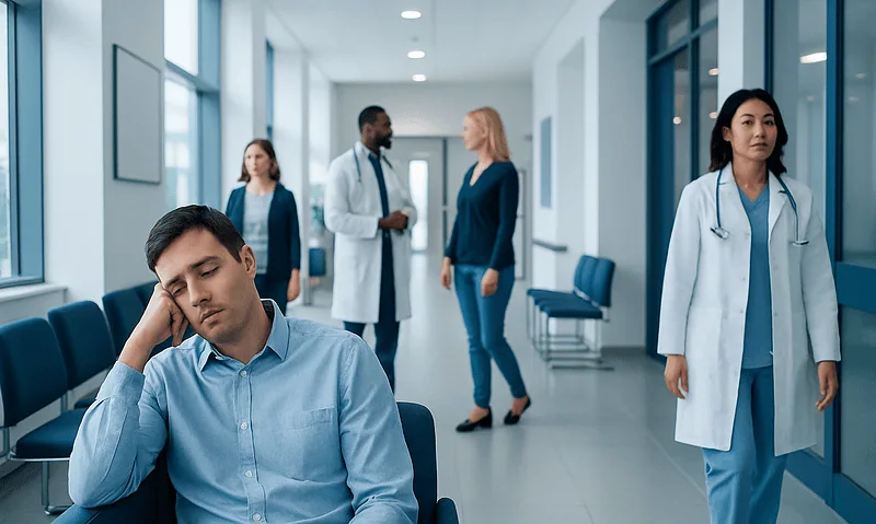 Patient experiencing daytime sleepiness in a hospital corridor with medical staff nearby.