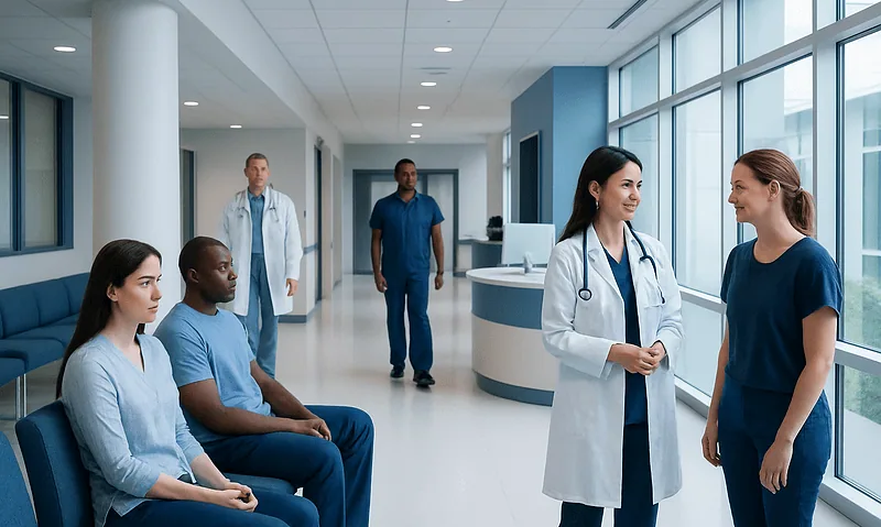Healthcare professionals and patients in a modern hospital corridor.