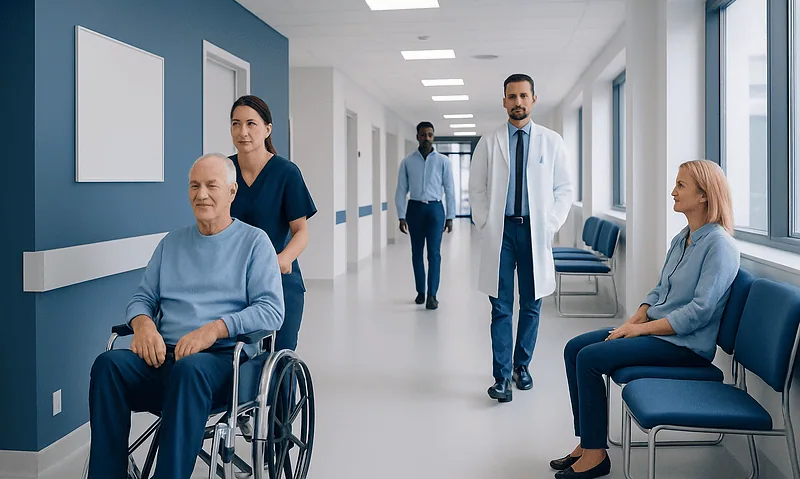Hospital corridor with patients and medical staff in a modern healthcare facility.