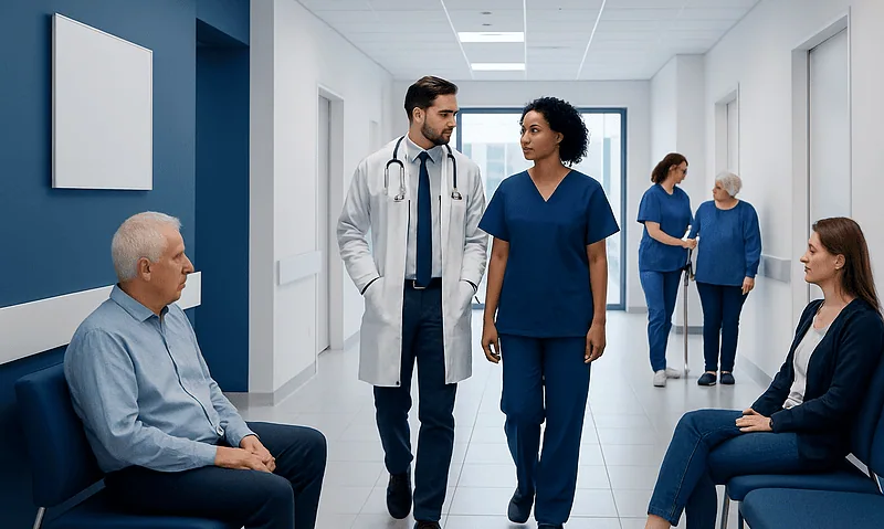 Medical team consulting with patients in hospital corridor.