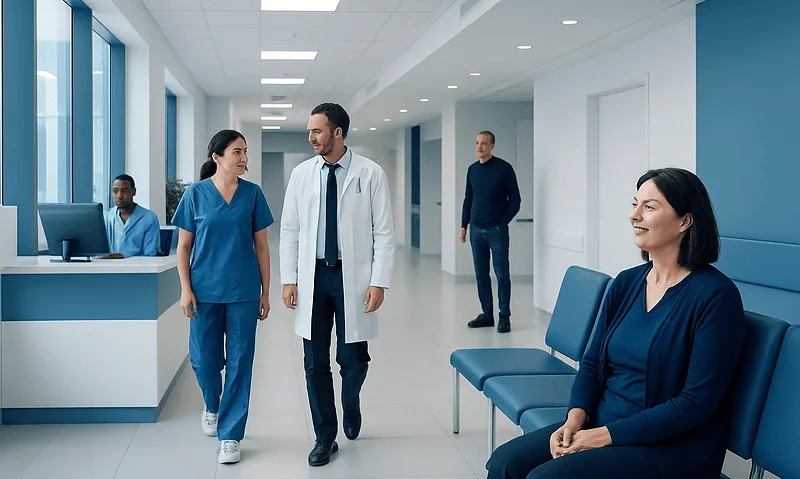 Hospital corridor with medical staff and patient in waiting area.