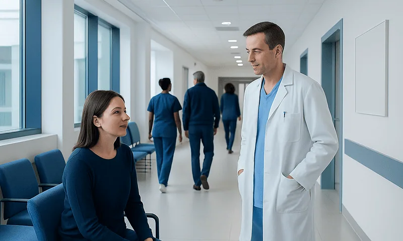 Doctor consulting a patient in a hospital corridor.
