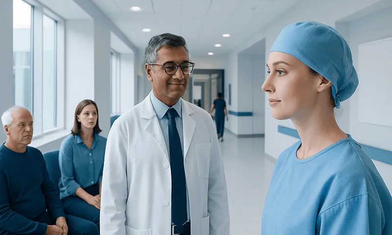Medical consultation in hospital with doctor and nurse in focus.