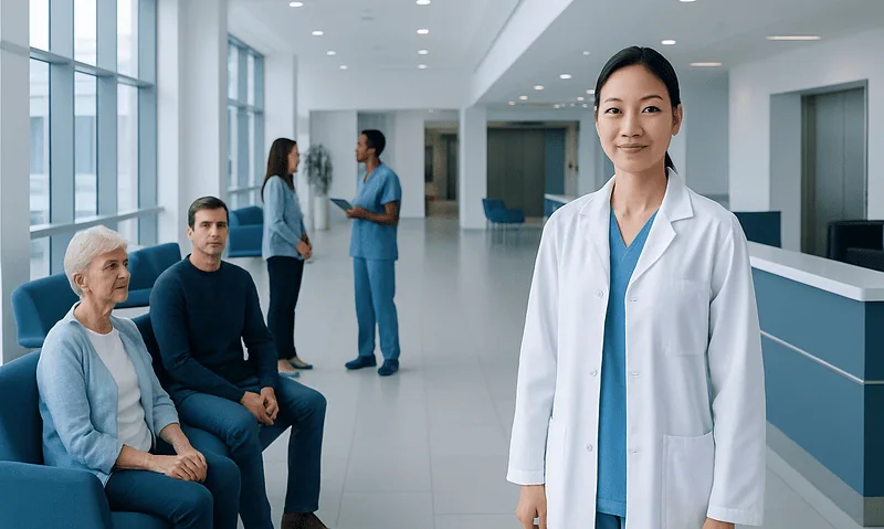 Facial Treatments: How to Choose the Right Option for Your Skin Goals 4 Healthcare professional with patients in a modern hospital lobby.