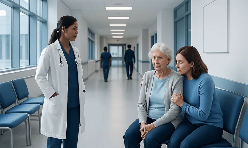 Doctor consulting elderly woman in hospital corridor.