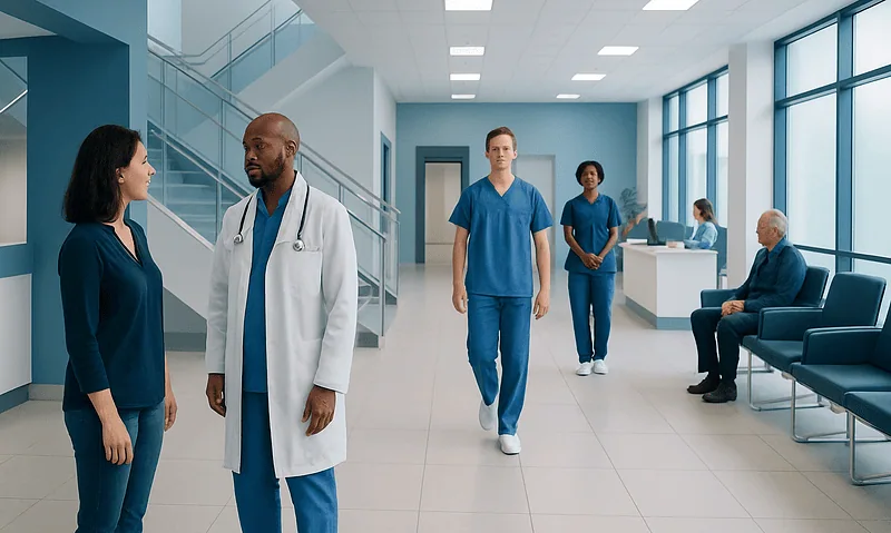 Healthcare professionals and patients in a modern hospital corridor.