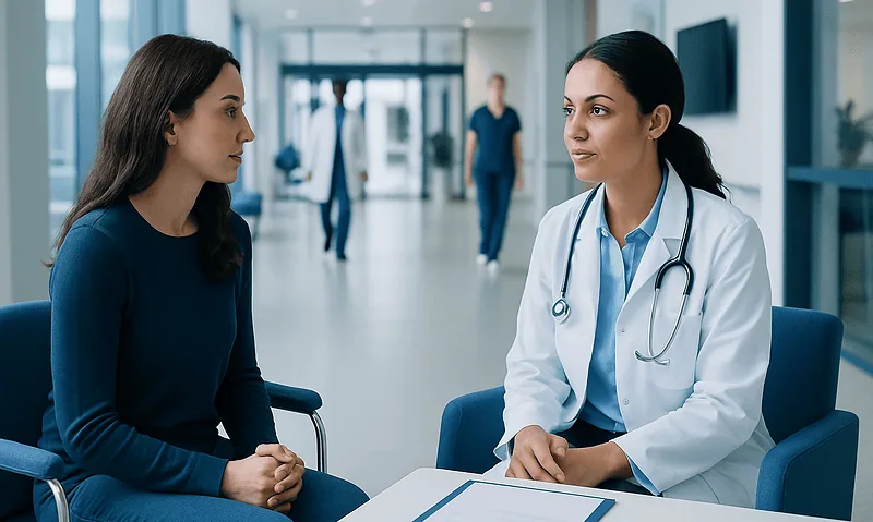 Female patient consulting with a doctor in a hospital setting.
