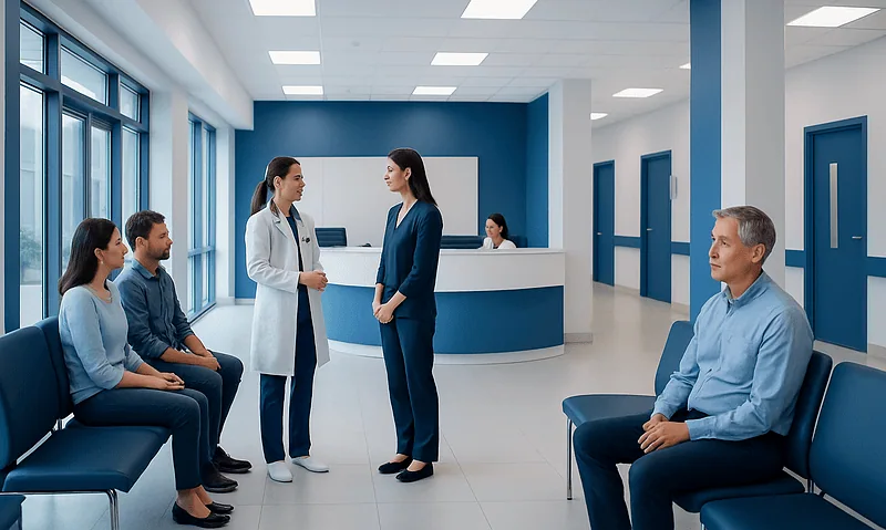 Patients and doctor in a modern hospital waiting area.