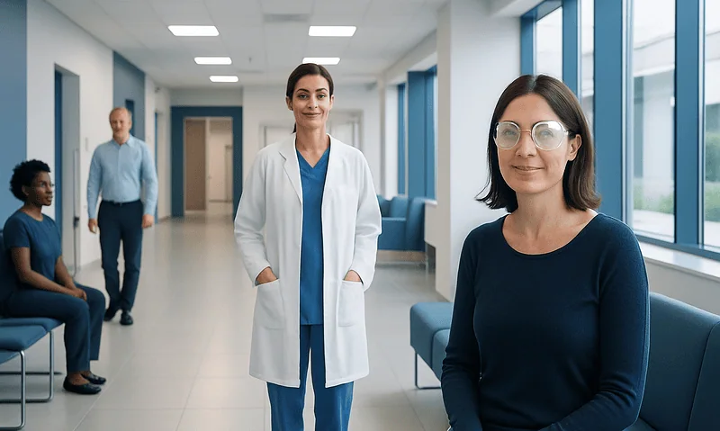 Healthcare professionals in a hospital corridor with patients and staff.