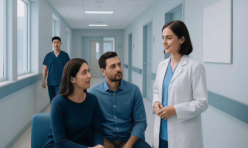 Fertility consultation with a doctor and couple in hospital corridor.