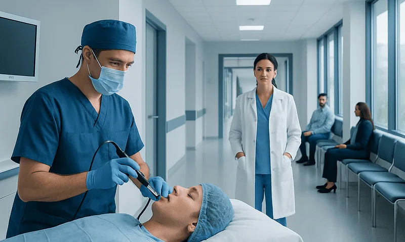 FESS Surgery for Nasal Polyps: Who May Benefit and What to Expect 25 ENT specialist performs nasal endoscopy on patient in hospital corridor.