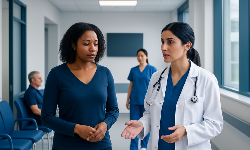 Fibroid Surgery vs Myomectomy: How Doctors Choose 17 Doctor discussing fibroid treatment options with patient in hospital corridor.