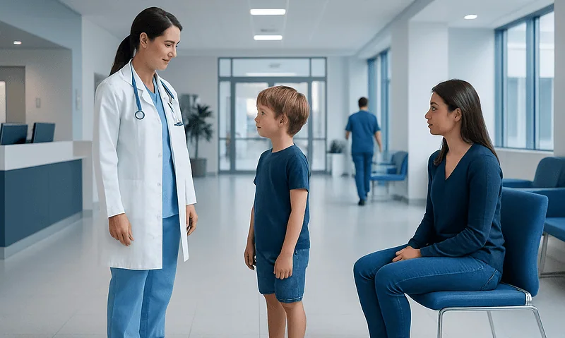 Pediatric consultation at a hospital with a doctor, child, and mother.