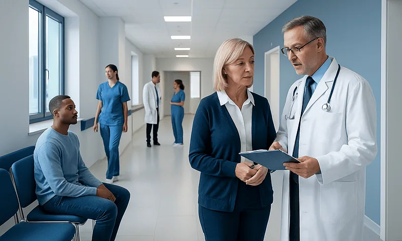 Doctors discussing patient care in hospital corridor with waiting patient.