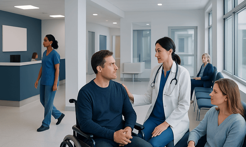 Doctor consulting with patient in hospital waiting area.