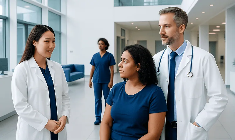 Medical team consulting in a hospital corridor with patients and staff.