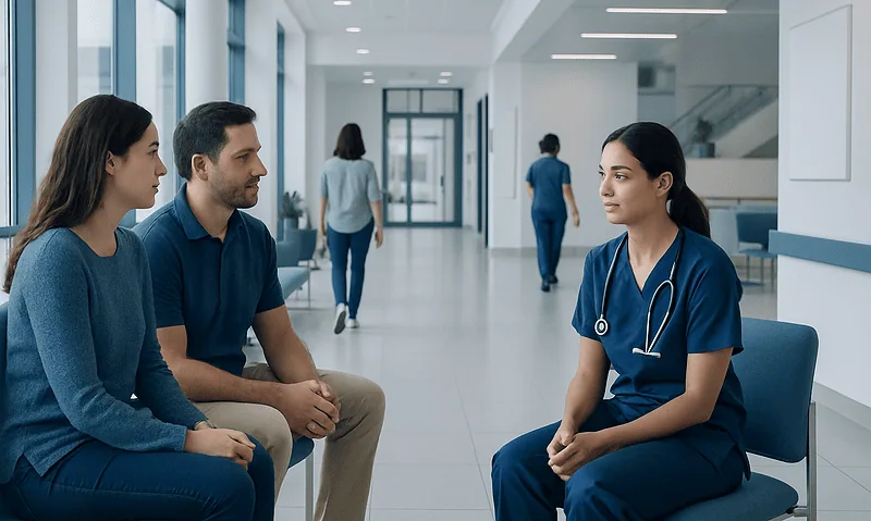 Fragile X Screening Before IVF: When Genetic Testing May Be Recommended 5 Patients consulting with a healthcare professional in a modern hospital corridor.