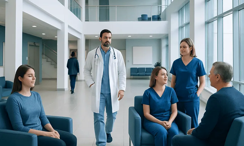 Medical team consulting patients in a modern hospital lobby.