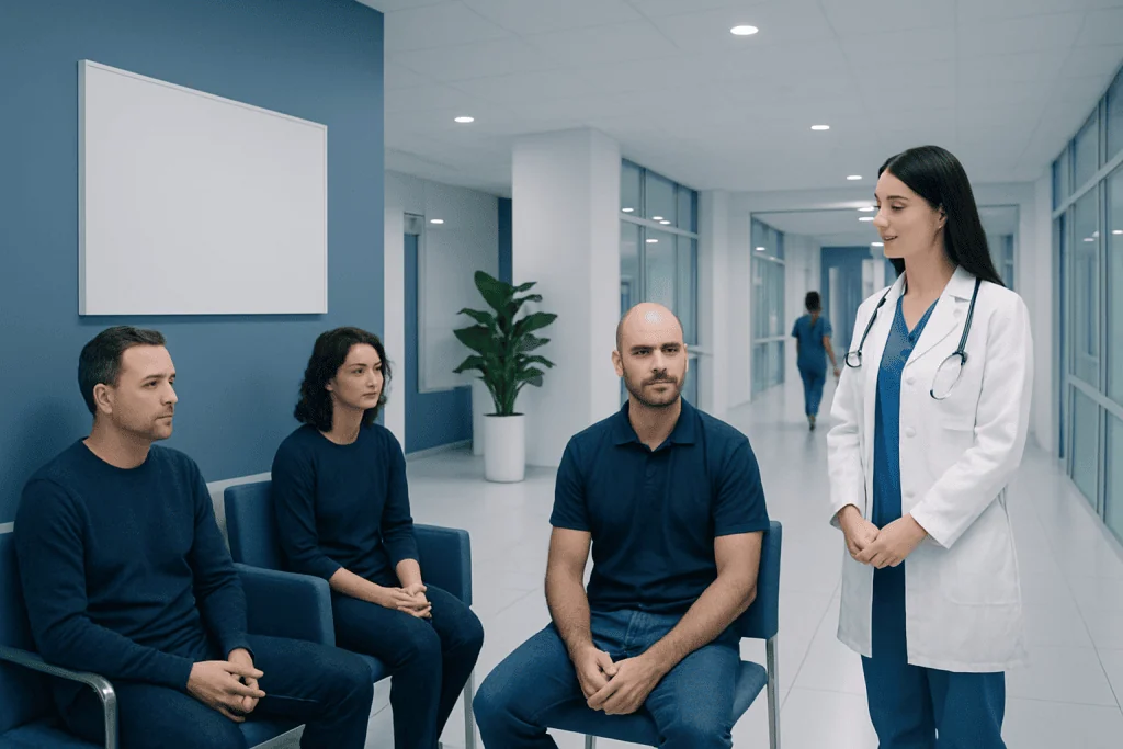 FUE vs DHI Hair Transplant: Key Differences, Benefits, and Limitations 1 Doctor consulting with patients in a modern hospital corridor.