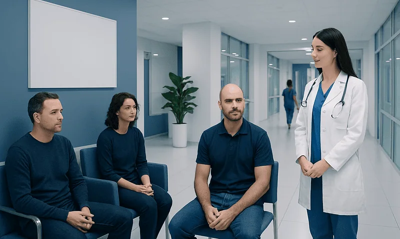 Doctor consulting with patients in a modern hospital corridor.
