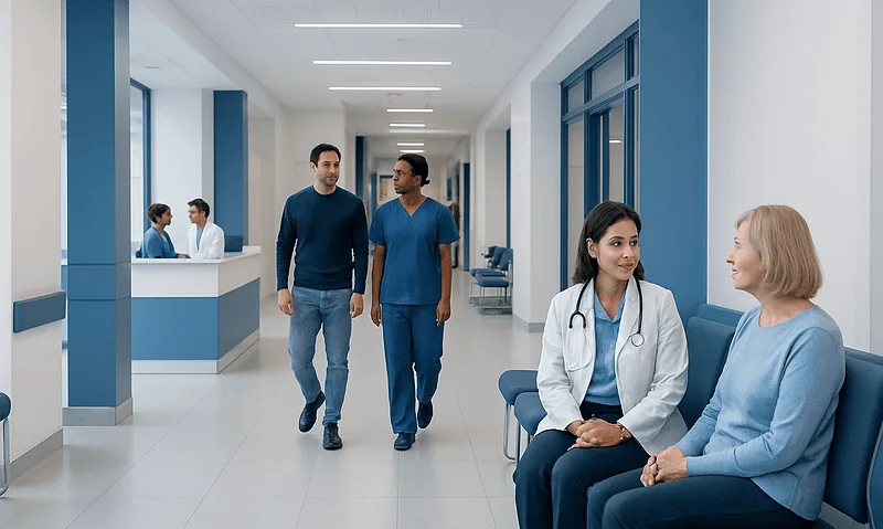 Healthcare professionals and patients in a modern hospital corridor.