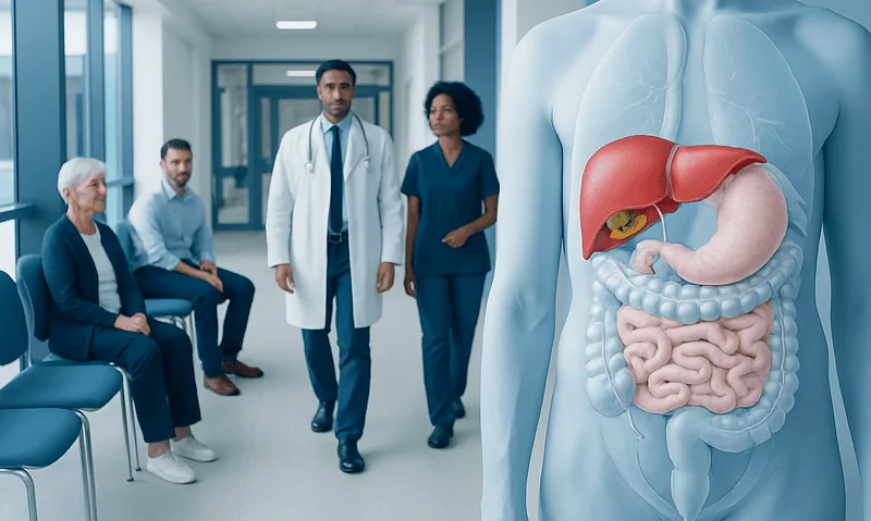 Medical team discussing digestive health with a detailed human anatomy model.