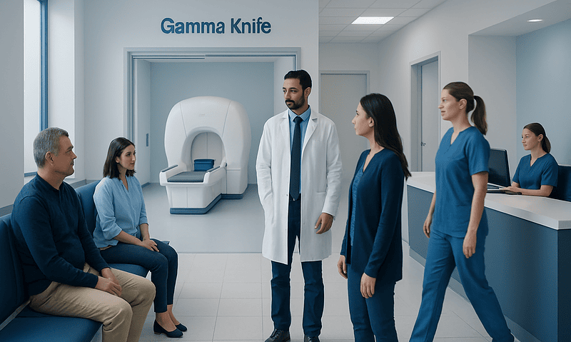 Medical team discussing Gamma Knife treatment in a hospital setting.