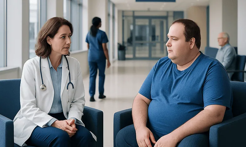 Doctor consulting with a patient in a hospital waiting area.