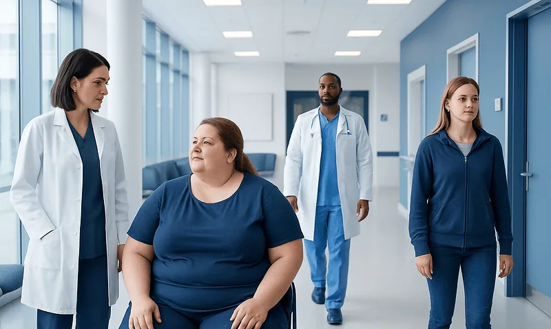 Medical team consulting with a patient in hospital corridor.