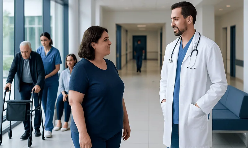 Doctor talking to a patient in a hospital corridor with other patients in the background.